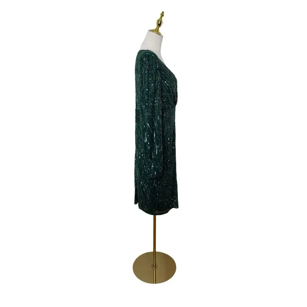 Mac Duggal 4632 Emerald Green Sequin Long Sleeve Cocktail Dress Size 14 $498